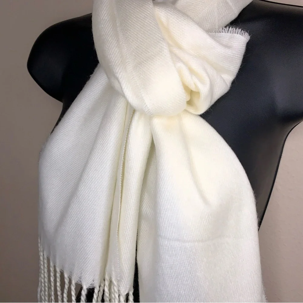 Soft Ivory Knit Scarf With Fringe Unisex Neutral